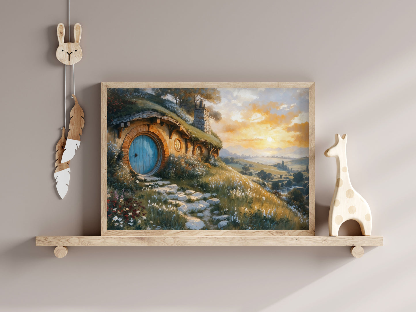 Sagan om Ringen inspirerad poster. Hobbithåla i solnedgång.