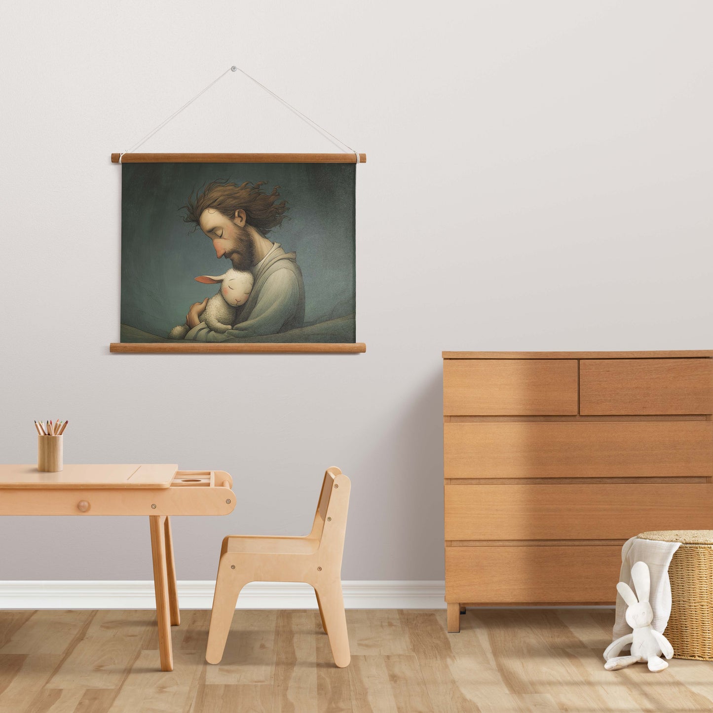 Jesus kramar lammet, den goda herden poster.