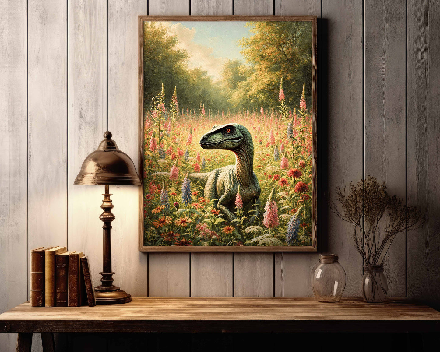 Velociraptor oljemålning. Dinosaur poster.