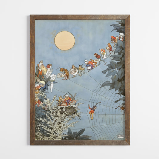 "Spiders web in moonlight" Retro illustration för barnrummet av William Heath Robinson.